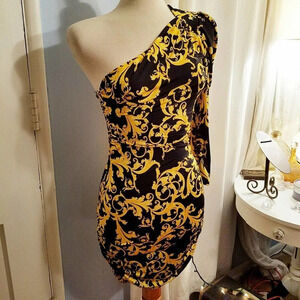 Party Dress Yellow + Navy /One Shoulder / Size Small